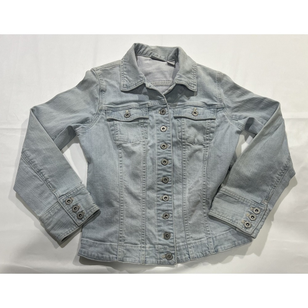 Chicos Platinum Denim Jacket Womens 0 Blue Stretch Light Wash Button Front